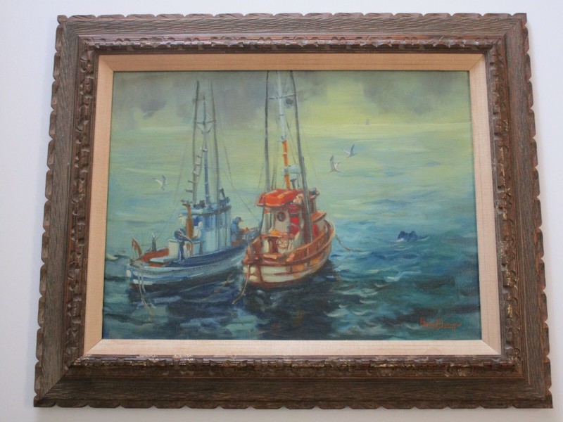 Mid Century Modern Painting Pamela Della Oil Nautical Coastal Boats Seascape