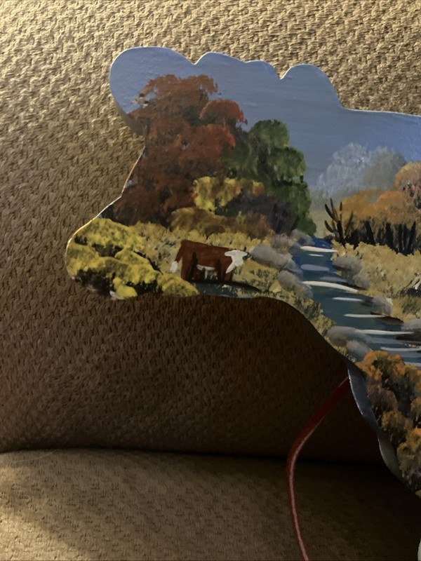 OOAK HANDMADE HAND PAINTED SIGNED COWS IN FIELD NEAR STREAM LEATHER HANGER gallery