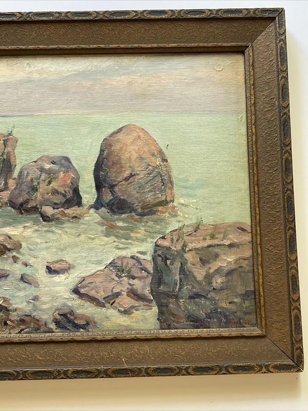 Antique American Coastal Painting Landscape 1910's Impressionism beach rocks oil gallery