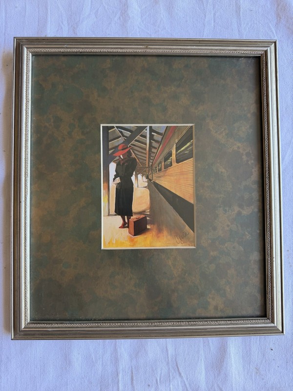 Framed Vintage Painting of Girl on Train Platform- Signed by Artist Circa 1993