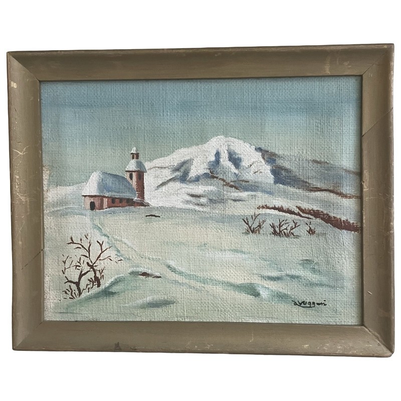 Vtg original Small oil painting wood framed gallery wall winter landscape Signed