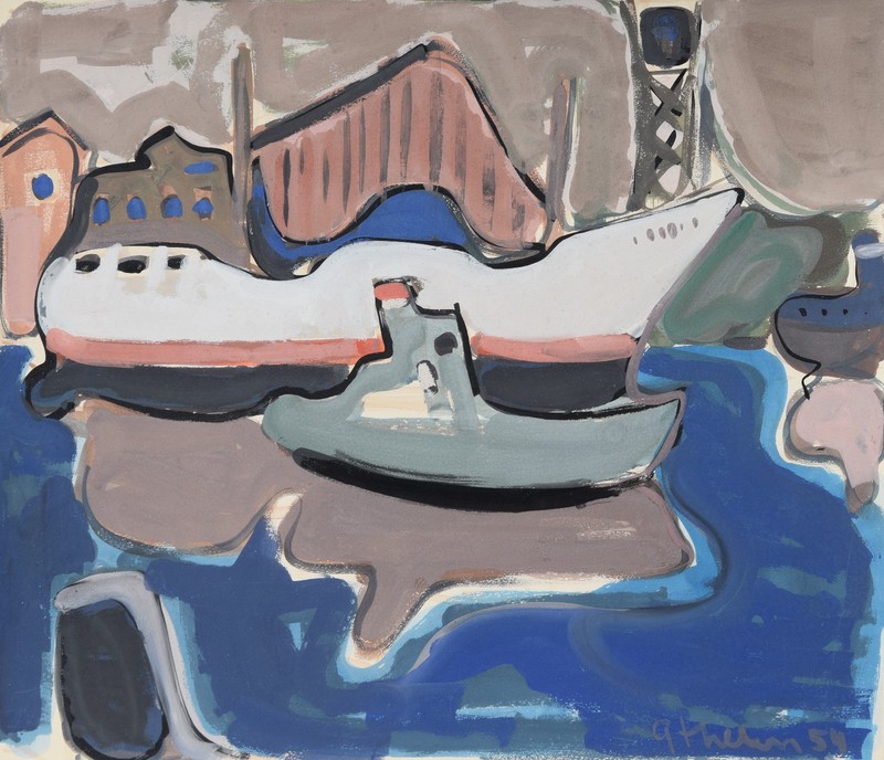 Gerhard Gerd Thelen 1920-1997 Oldenburg / Gouache 1954 Ships Port Shipyard