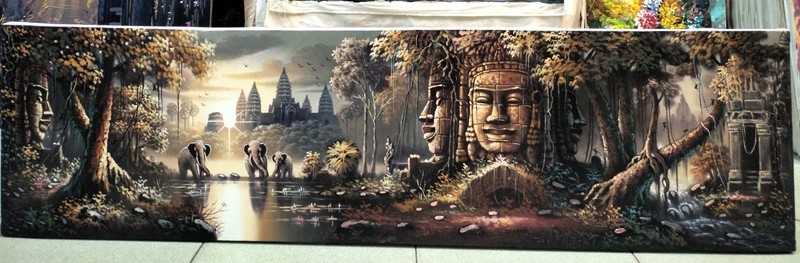 Wall Decoration of Angkor Wat Temple Oil Painting Signed 40cm x 150cm gallery