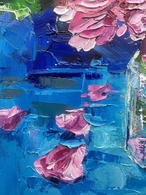 Floral Pink and Red Roses Flowers in a Glass Vase Oil Painting Canvas 20x16 Inch gallery