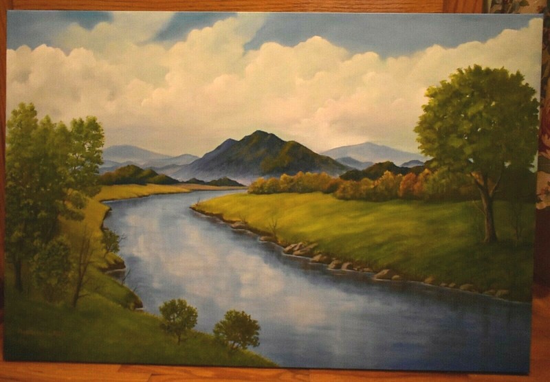 New River Oil Painting Blue Ridge Mountains North Carolina Signed Original 36" gallery