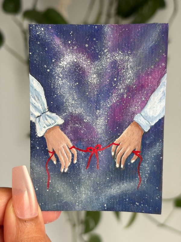 ACEO original painting, hands reaching, love couple Whimsical galaxy (ATC, OOAK)