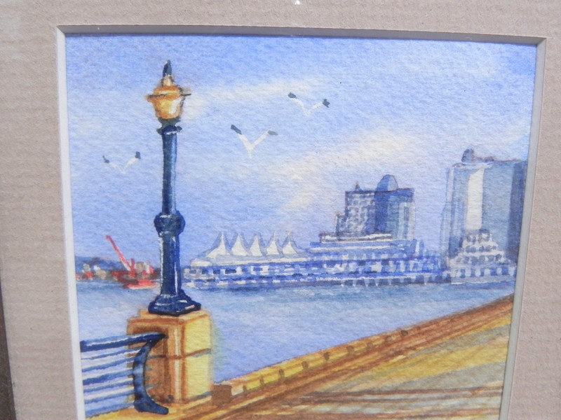 Canadian art small contemporary watercolor painting of Vancouver signed gallery