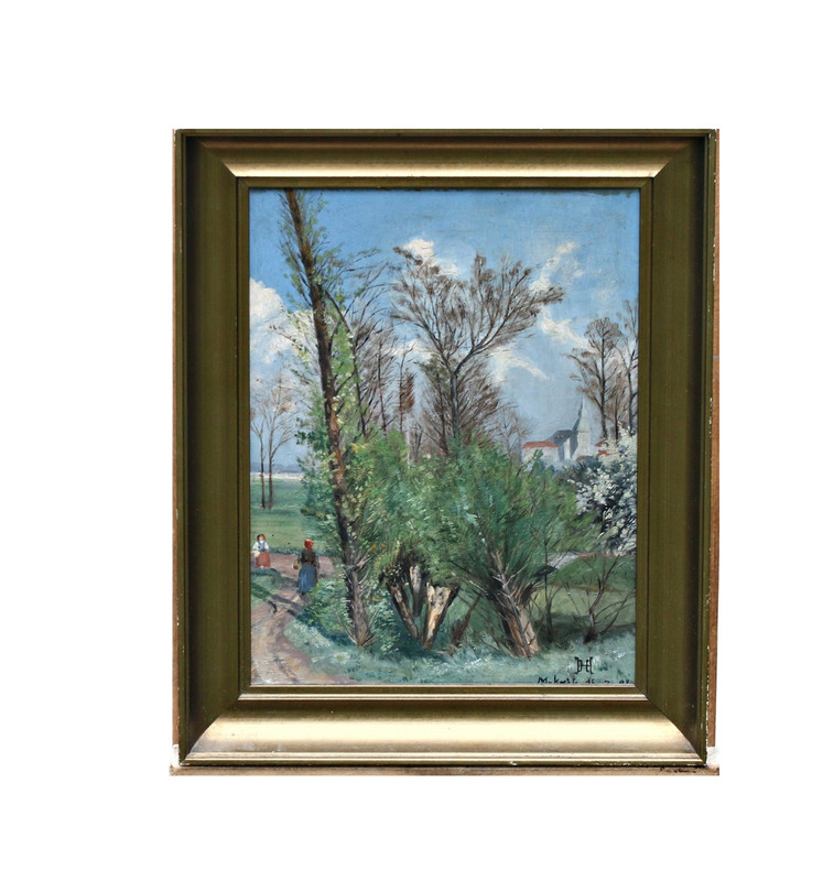 Antique Oil Painting Park Landscape With Church 19. C. on Wood Signed with Frame