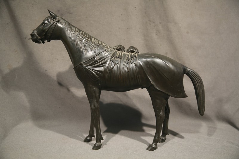 18th Century Chinese Animal Bronze Horse with Saddle Dark Brown & Green Patina gallery