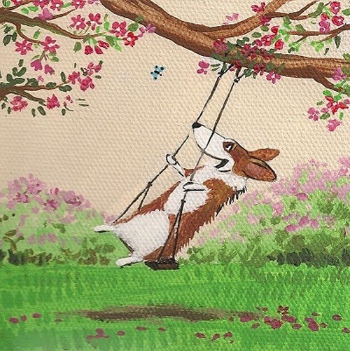 4X4 PRINT OF PAINTING PEMBROKE WELSH CORGI FOLK ART RYTA Easter Garden Flowers
