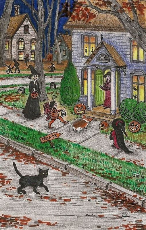 7×11 PRINT OF PAINTING RYTA HALLOWEEN WITCH BLACK CAT CORGI FALL FOLK ART Candy