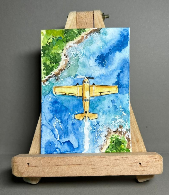 Watercolor ACEO Original Seaplane Tropical Ocean Island Landscape Miniature Art