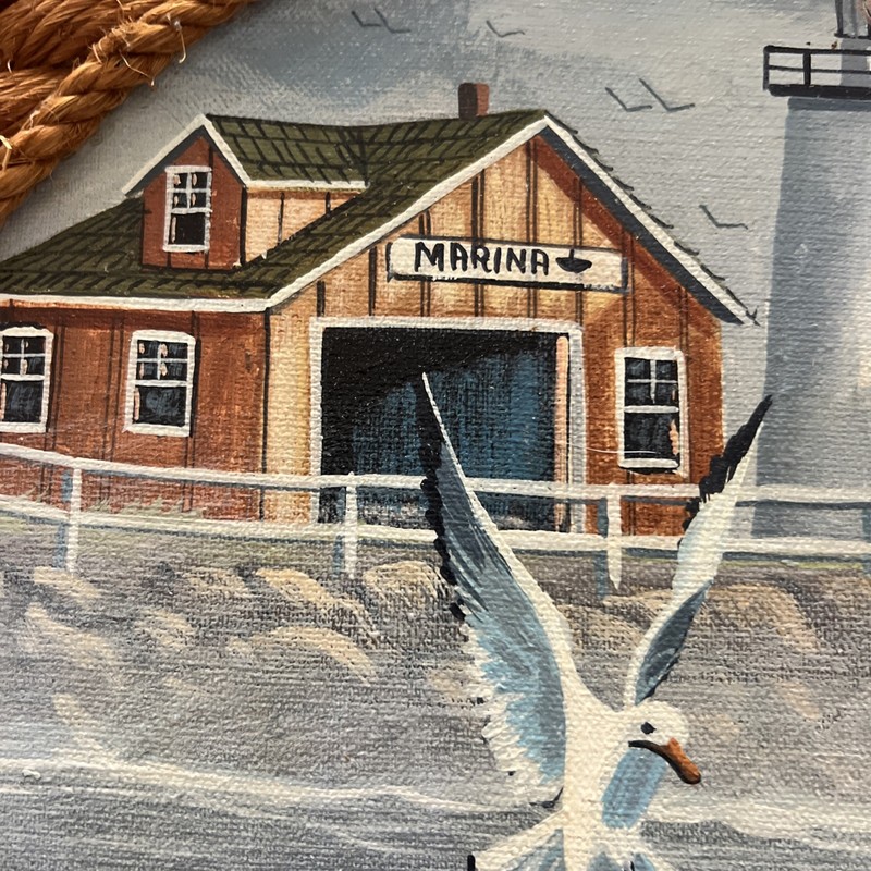 Ben Cannon Nautical Oil Painting Sailboat Seagulls Round Rope Frame 13.5”Signed gallery
