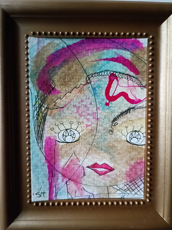 ACEO OOAK Portrait Mixed Media Abstract Ink Art On Paper Handmade Signed CH19B