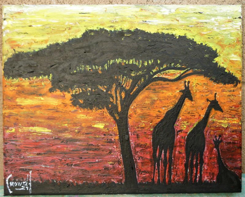 SUNRISE WITH GIRAFFES tree original 8×10 NEW wild oil painting signed Crowell