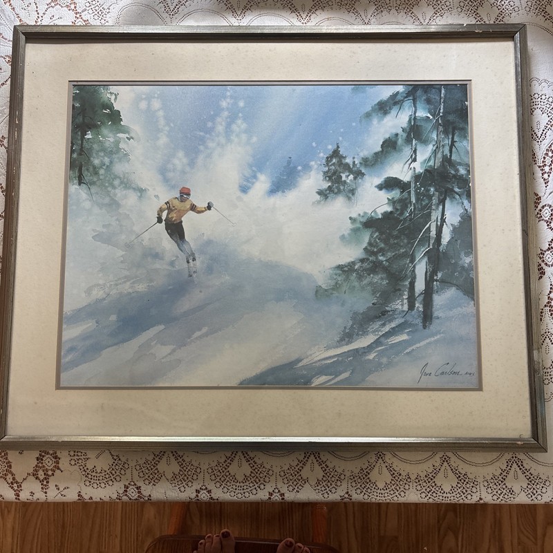 Jane Carlson AWS Original Watercolor Painting Signed Downhill Skier Winter Art