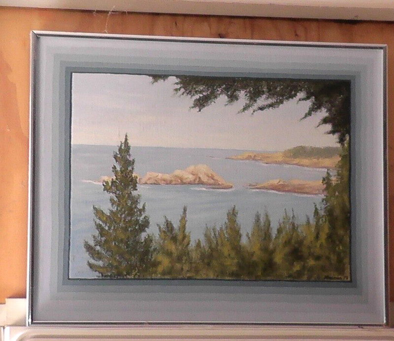 framed painting 18×16 lake trees rocks j pearson 1979