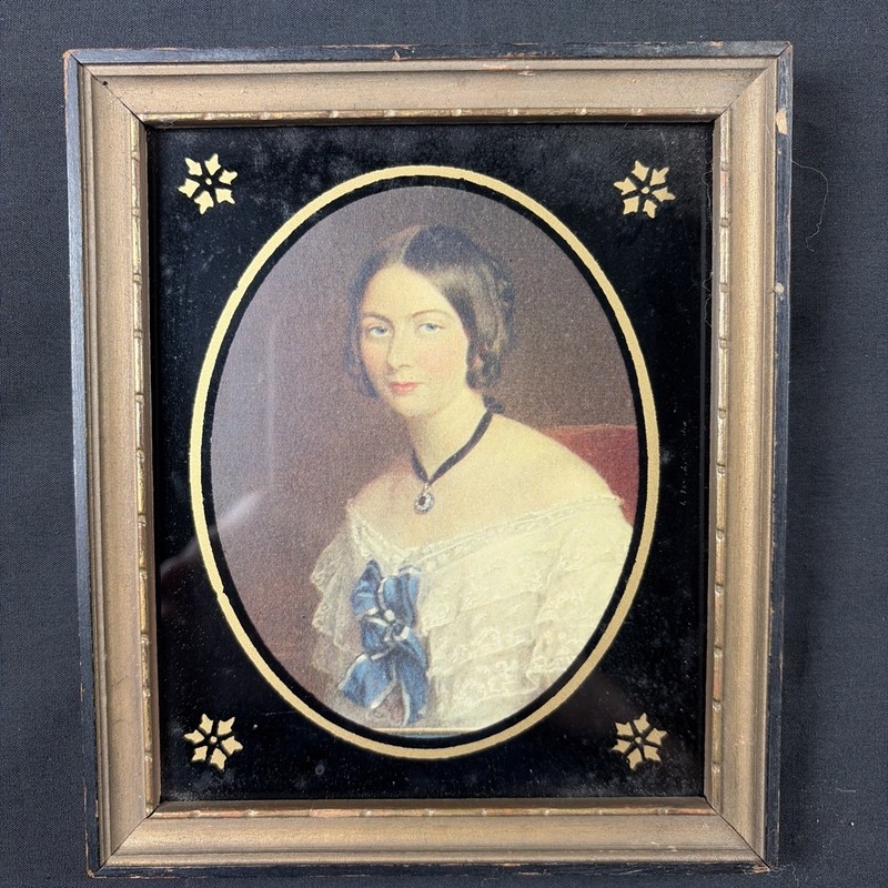 Antique MINIATURE PAINTING PORTRAIT of a BEAUTIFUL YOUNG LADY Wearing a Cameo