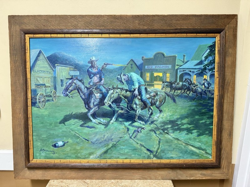 Large Original Oil On Board Painting Of Western Shootout Scene By A Mundwiler