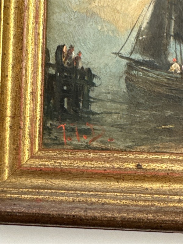 ANTIQUE PAINTING NAUTICAL SUNSET BOATS SHIPS MYSTERY SIGNED 19TH TO 20TH CENTURY gallery