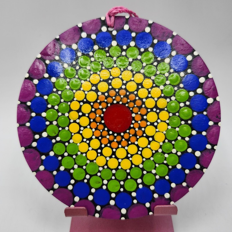 Mandala Dot Art 4″ Round Wood Plaque Ornament Original Painting Color Wheel