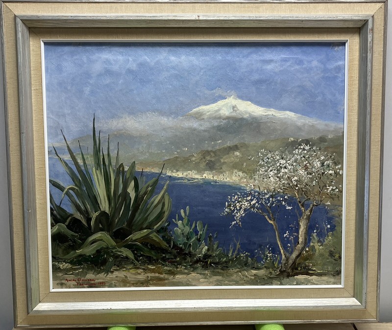 Guido Odierna Original Oil Painting on Board , 1953 Mt. Etna Taormina Sicily