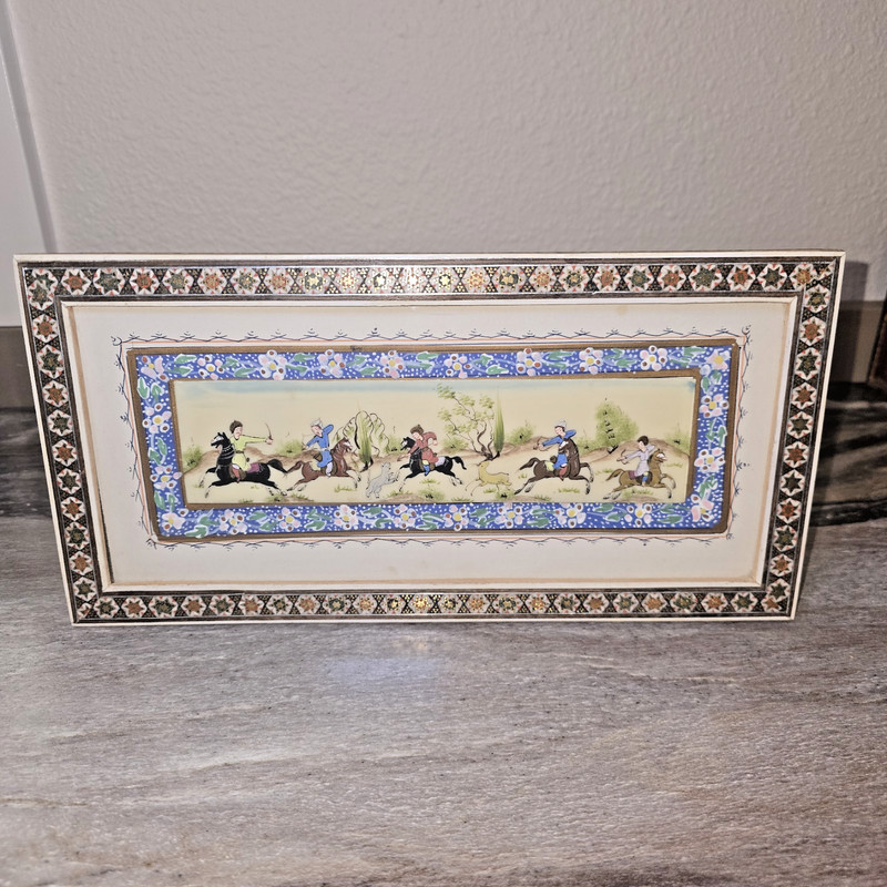 Vintage Persian Miniature Painting of Polo Scene In Khatam Frame