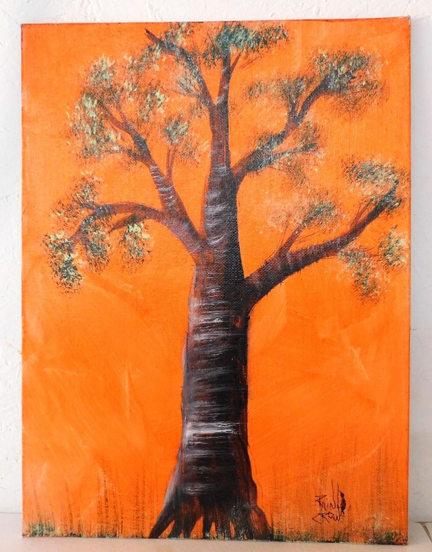 Abstract Birch Tree on Neon Orange canvas Original Art by Rain Crow