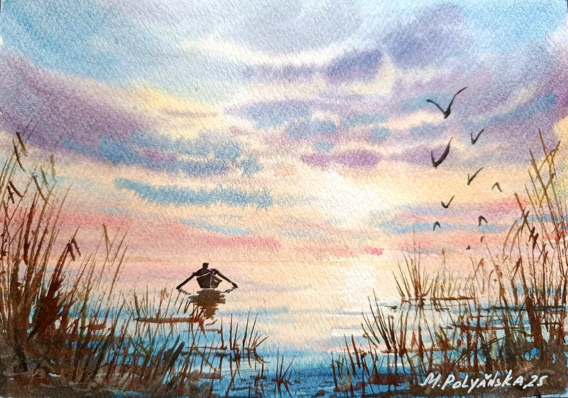 Original Art Modern Painting Landscape LONELY FISHERMAN IN BOAT Seascape Gift A5 gallery