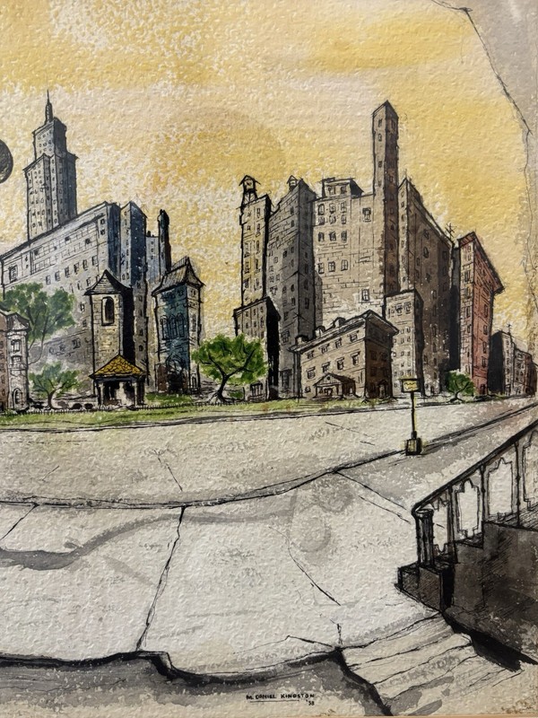 🔥 Fine Vintage 1950s Mid Century Modern REGIONALIST Cityscape Panting, KINGSTON gallery