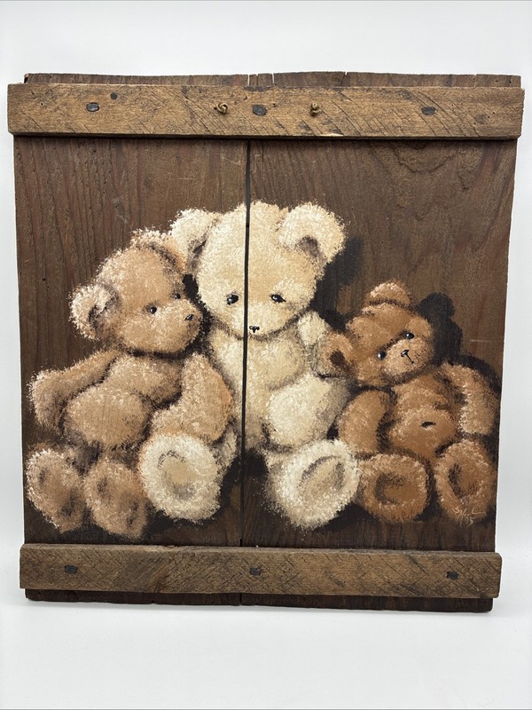 Vtg Primitive HandPainted TeddyBear FolkArt Reclaimed Wood Decor Signed 1995