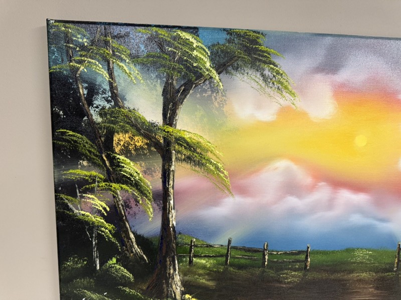Forest Sun Rays, Original Oil Painting, Trail, Pasture, Fence 20x36” Canvas gallery