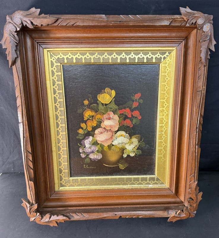 1960’S ORIGINAL SIGNED L RUGGERI OIL CANVAS PAINTING FLOWER VASE 20″X18″ FRAMED