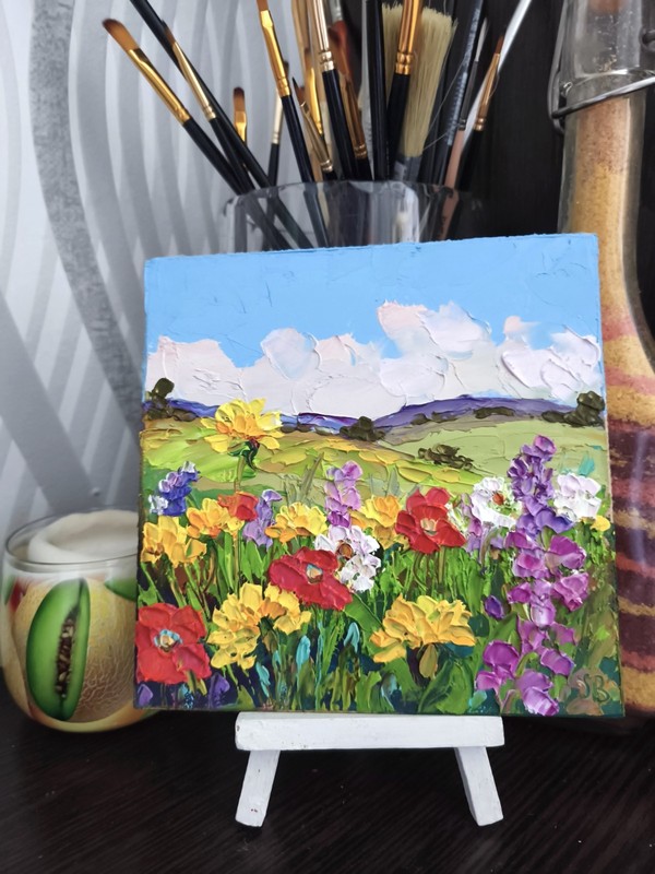 Flower Original Oil Painting Dandelions Impasto Artwork 6x6in Small Wall Art gallery