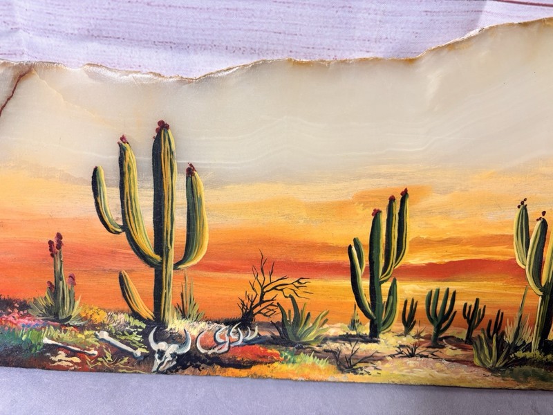 Handpainted Art On Onyx Stone Slice Artist Signed Desert Cactus Sunset Nature gallery