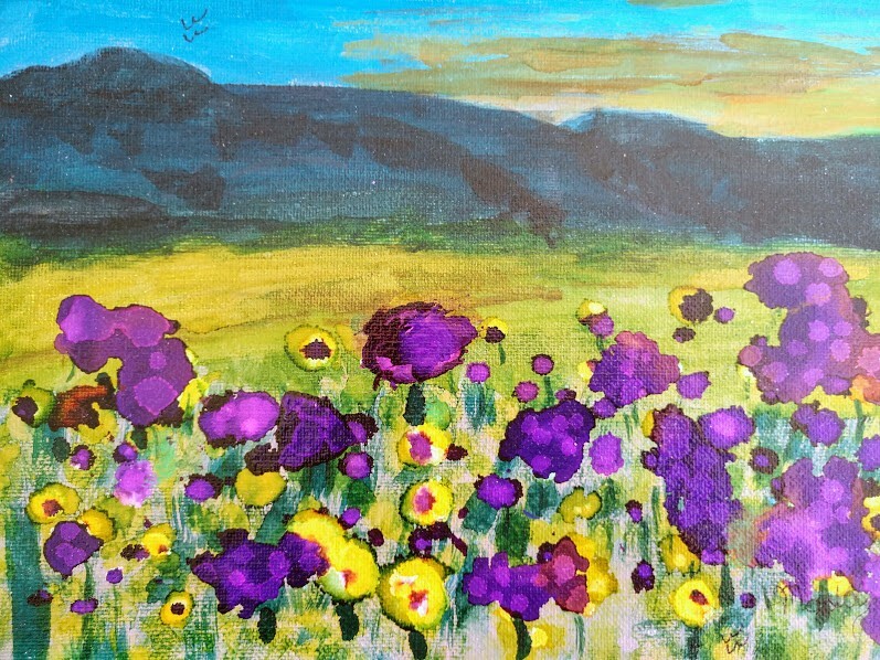Purple Flowers In The Field Alcohol Ink Painting 12×9 Inches Flat Canvas Board