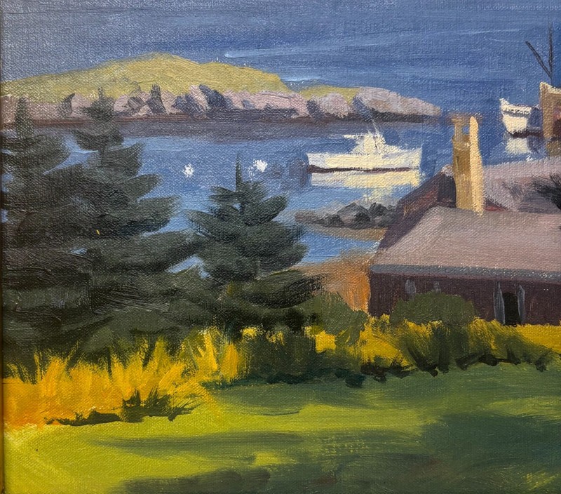 Vintage CALEB STONE 'Harbor View Cabots Cove Boats MONHEGAN MAINE' Oil PAINTING gallery