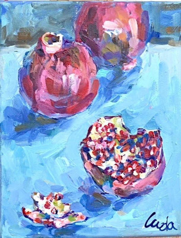 Handmade Pomegranate on Blue Background Oil Painting on Canvas Size 14×11 inches