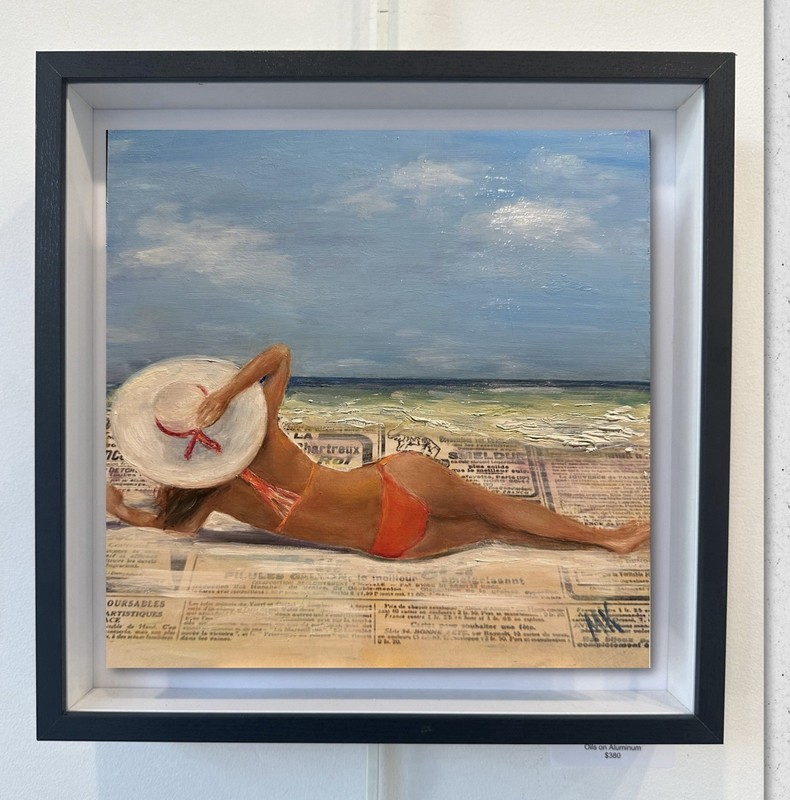Oil Painting Framed Original Signed – Woman On Sandy Beach Newspaper Art Metal
