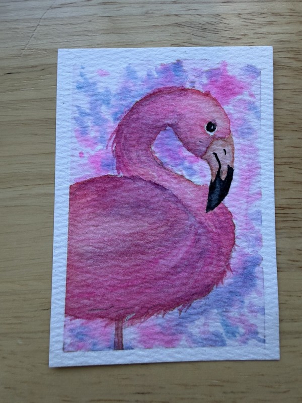 ACEO Original Art Card Watercolor Painting Pink Flamingo 2.5 x 3.5