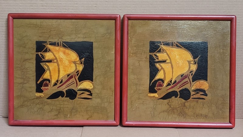 PAIR Vintage 1960s Mid Century Textured Paint Ships Framed 11″x11″ Decor Art