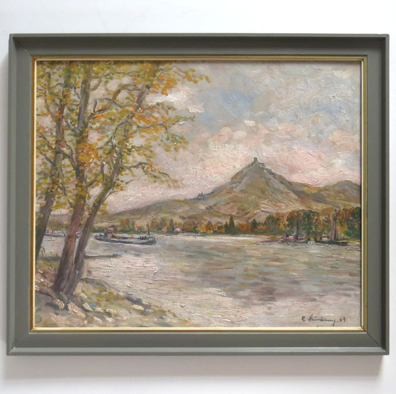 1969 Original Oil Painting Rhine River Drachenfels Germany 18.5×15