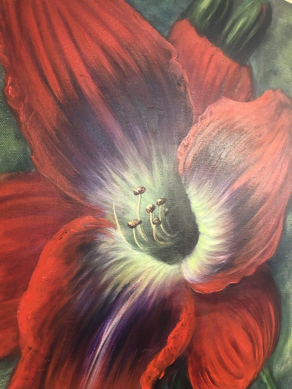 Randy Burns Acrylic On Canvas Painting Red Flower Bloom 24”x 18” Signed gallery
