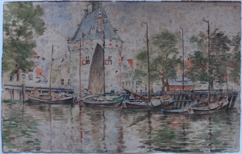 1913 Netherlands Hoorn Hoofdtoren Head Tower View Boats Watercolor Painting