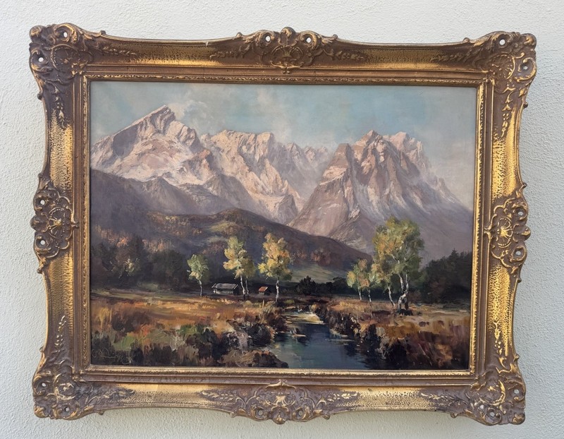 Wilhelm Neumayer German 20th C. Alpine Scene With River Oil Painting Signed