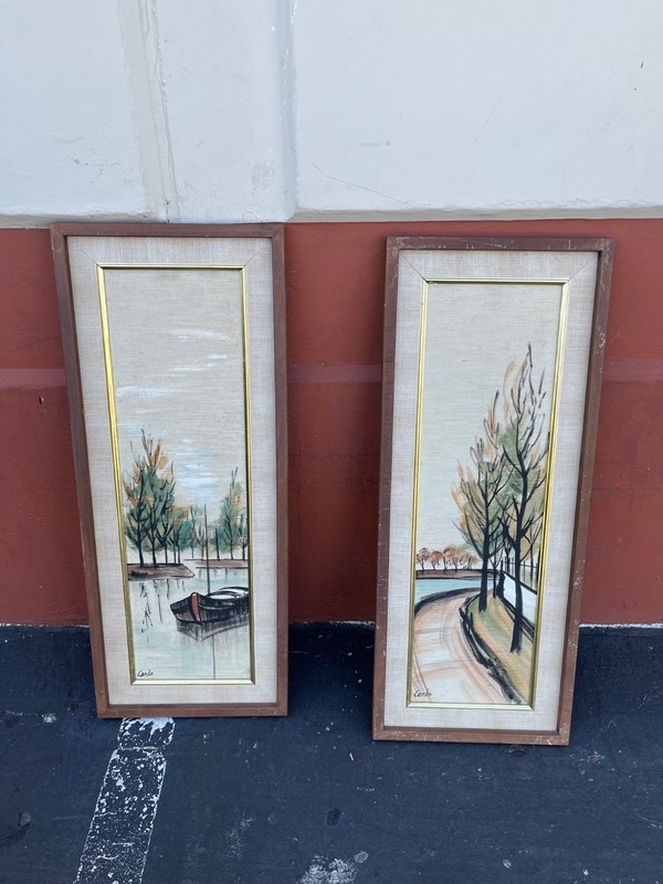 Mid Century Modern vintage Carlo of Hollywood Pair of Framed Paintings