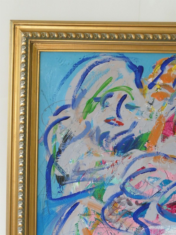 Modern art abstract acrylic painted gallery finish with frame gold ready to hang gallery