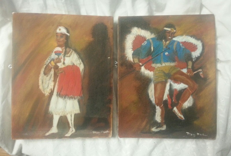 VINTAGE MARY MARTIN OIL PAINTING American Indian Dancing Warrior And Maiden Pair