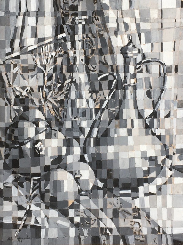 Original 1969 Art Painting 20″ Black Gray White Still Life Cubism Style