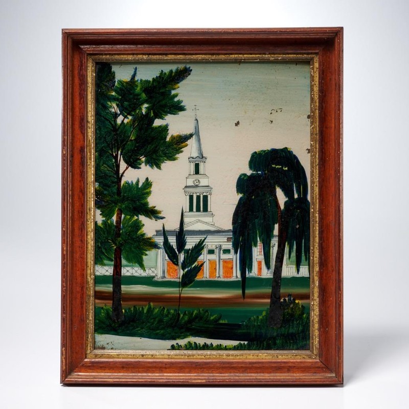 Antique Reverse Painted Glass Old White Church Steeple Chapel Painting 14″h
